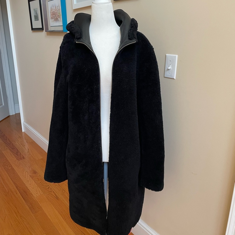 Black Reversible Hooded Leather/Shearling Coat from Maje - Picture 3 of 13
